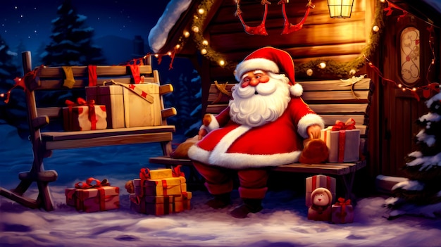 Babbo Natale seduto su una panchina davanti all'albero di Natale e presenta l'IA generativa