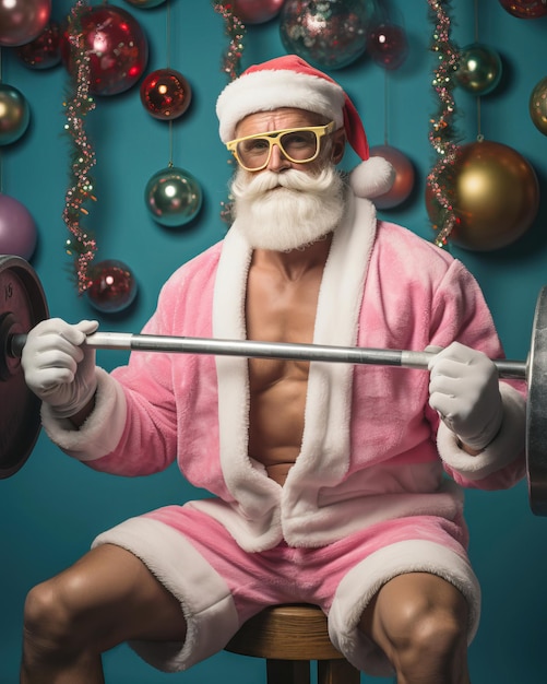 Babbo Natale solleva pesi in palestra silenziato pastello schiena rosa brillante festa di palloncino foto iconica del 2023