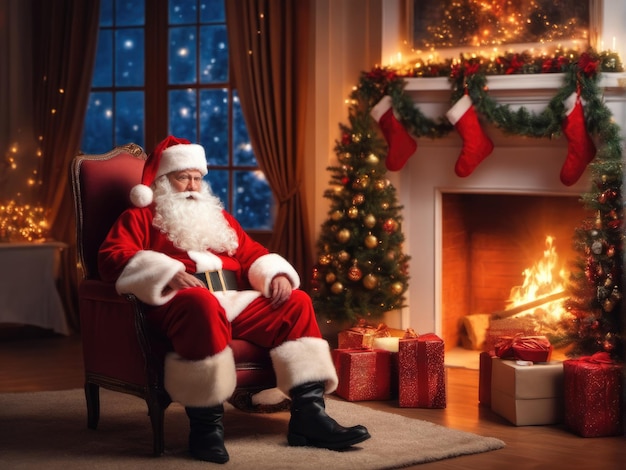 Babbo Natale sorpreso in una bella stanza accanto al camino e all'albero di Natale
