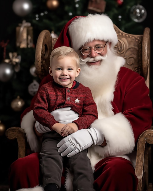 Babbo Natale sorridente felice che tiene un ragazzino