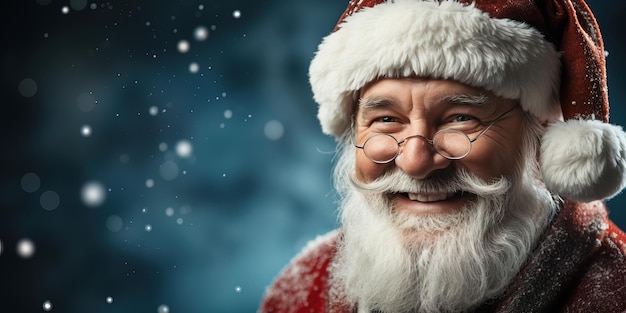 Babbo Natale sorridente felice su uno sfondo blu scuro con fiocchi di neve