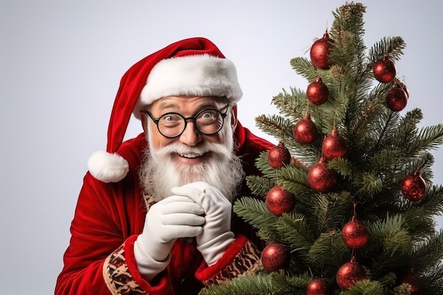 Babbo Natale sorridente gioioso vicino all'albero di Natale su sfondo bianco