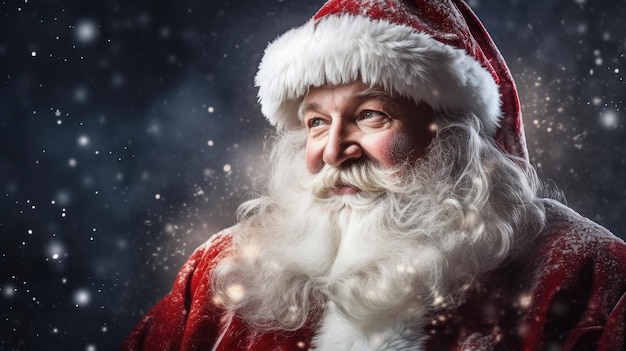 Babbo Natale sorridente nel suo iconico abito rosso e barba bianca su uno sfondo natalizio innevato