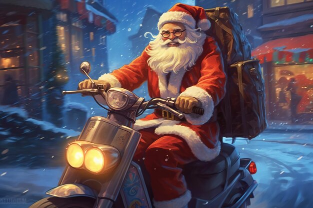 Babbo Natale sta guidando uno scooter elettrico mentre consegna regali Buon Natale Generative ai