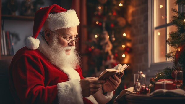 Babbo Natale sta leggendo un libro Capodanno e vacanze di Natale L'atmosfera delle vacanze Cartolina