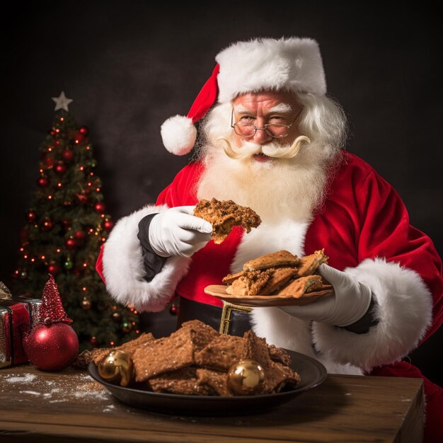 Babbo Natale sta tenendo un piatto di biscotti e un piatto de biscotti generativo ai