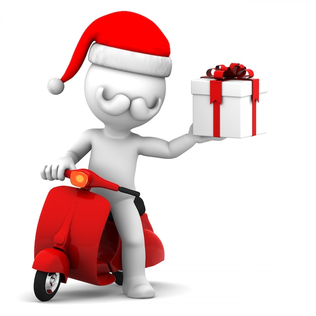 Babbo Natale su scooter tenendo confezione regalo