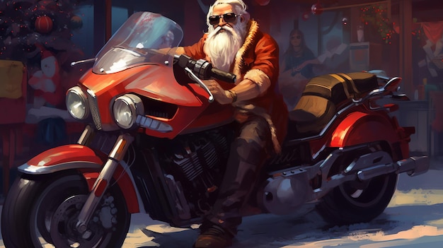 Babbo Natale su una motocicletta davanti a un poster
