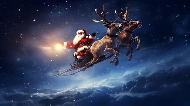 Babbo Natale su una slitta con le renne nel cielo notturno Sposati a Natale e felici vacanze