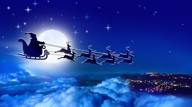 Babbo Natale su una slitta e una slitta trainata da renne sorvola la Terra sullo sfondo della luna piena nel cielo notturno