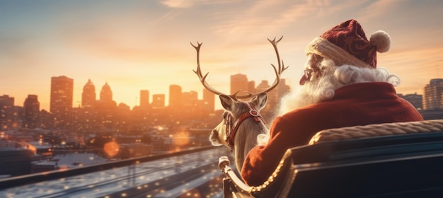 Babbo Natale su una slitta in primo piano in uno sfondo metropolitano al tramonto Carta di Capodanno Atmosfera natalizia Colori vintage