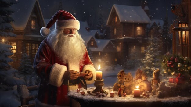 Babbo Natale tiene una candela accesa davanti a una scena natalizia generativa ai