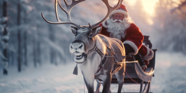 Babbo Natale viaggia su una slitta trainata da renne. Si affretta a fare regali prima di Natale