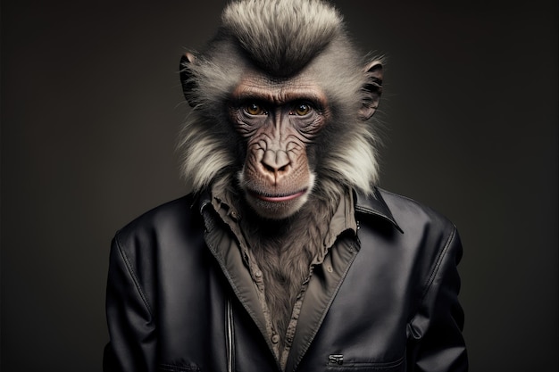 Babbuino dai capelli grigi alla moda in scimmia cappotto in giacca di pelle creata con intelligenza artificiale generativa