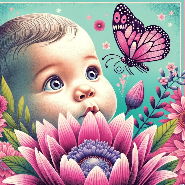 Babies Blossom Gaze con il ritratto della farfalla compagna