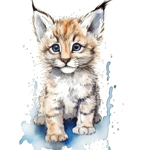 Baby Bobcat acquerello con contorno di inchiostro su sfondo bianco AI generativa altamente dettagliata
