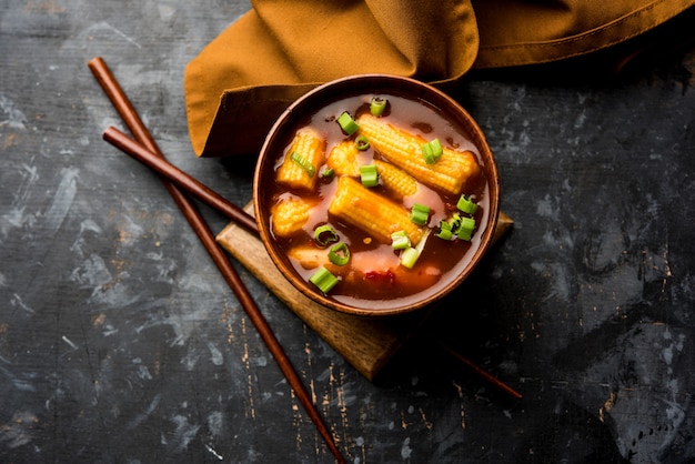 Baby Corn Manchurian con salsa - popolare ricetta indo-cinese. messa a fuoco selettiva