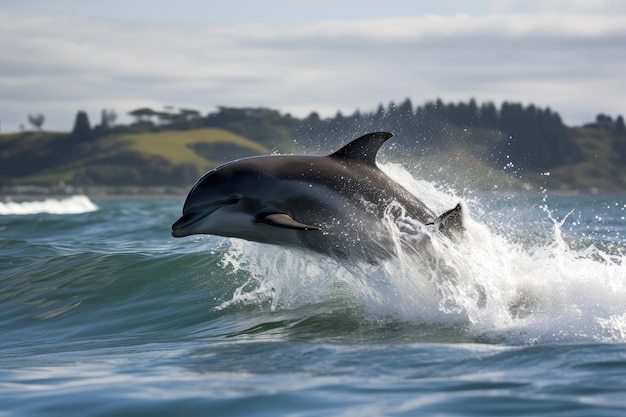Baby delfino che salta sopra l'onda con spruzzi d'acqua che volano nell'aria creata con l'IA generativa