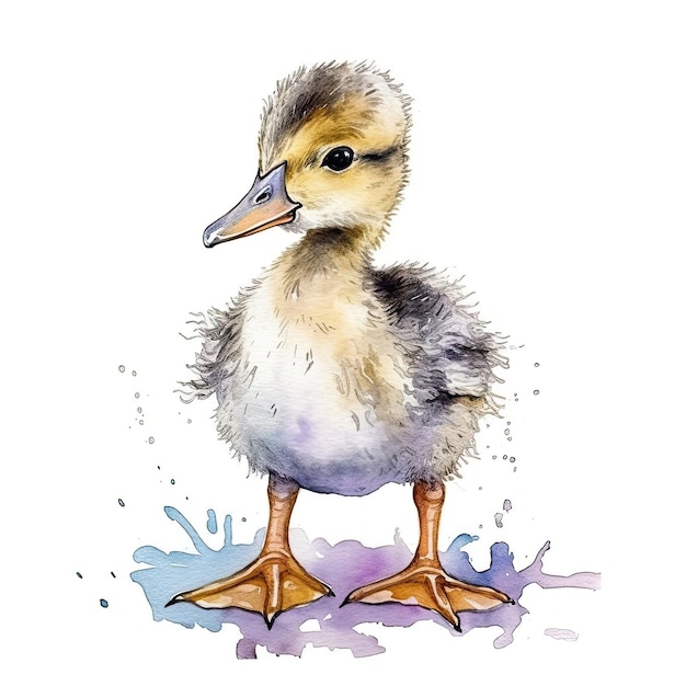 Baby Duck acquerello con contorno di inchiostro su sfondo bianco AI generativa altamente dettagliata