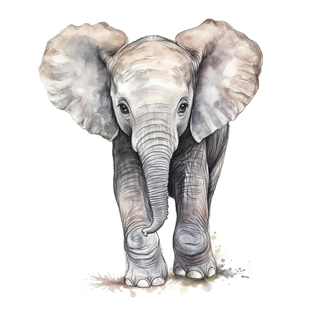 Baby Elephant acquerello con contorno di inchiostro su sfondo bianco alta AI generativa dettagliata