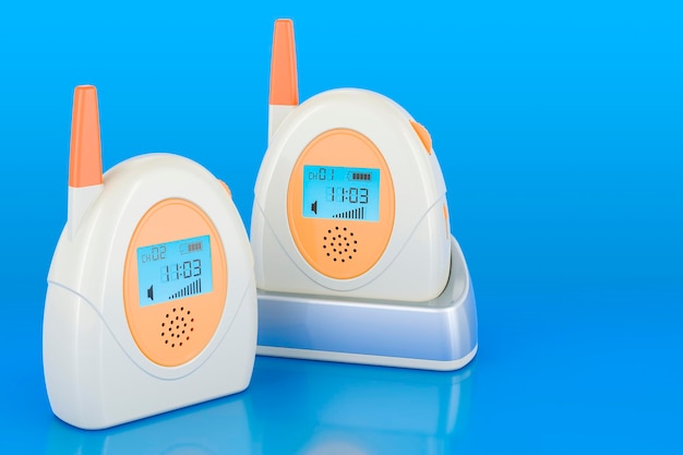 Baby monitor audio baby alarm su sfondo blu rendering 3D