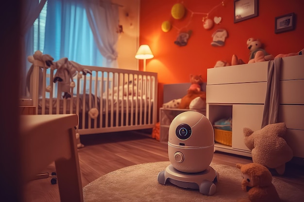 Baby monitor e fotocamera sul tavolo vicino alla culla con bambino nella stanza AI