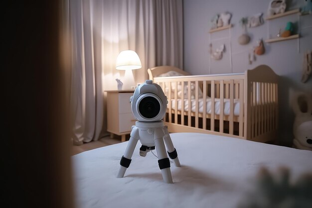 Baby monitor e fotocamera sul tavolo vicino alla culla con bambino nella stanza AI