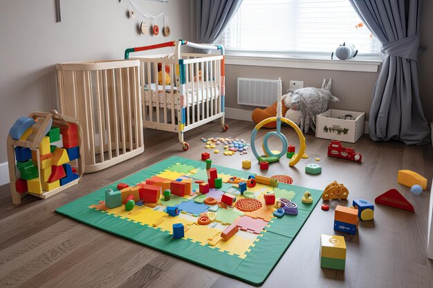 Baby room con mattoncini e sonagli per l'apprendimento interattivo creati con l'IA generativa