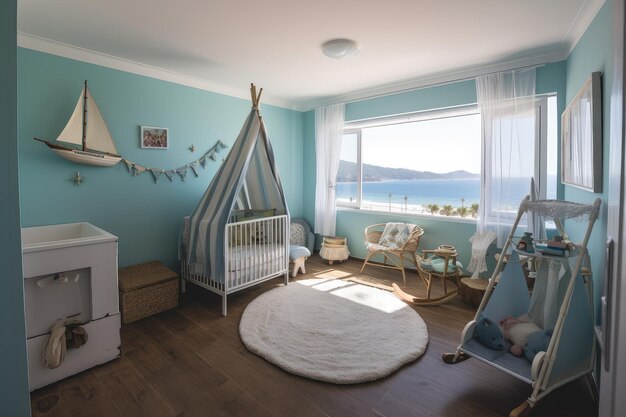 Baby room con vista sulla spiaggia e acqua blu brillante creata con l'IA generativa