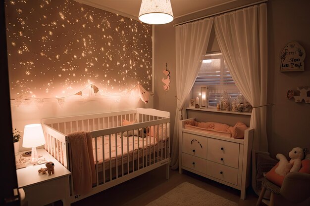 Baby room piena di biancheria da letto dolce e accogliente e luci soffuse create con intelligenza artificiale generativa