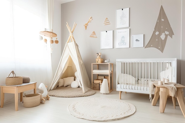 Baby room piena di decorazioni accoglienti e calde perfette per il tuo piccolo creato con l'IA generativa