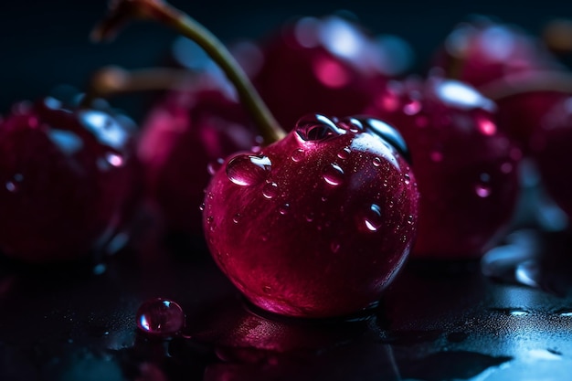 Bacca di ciliegia magenta in gocce d'acqua stravagante illuminazione al neon