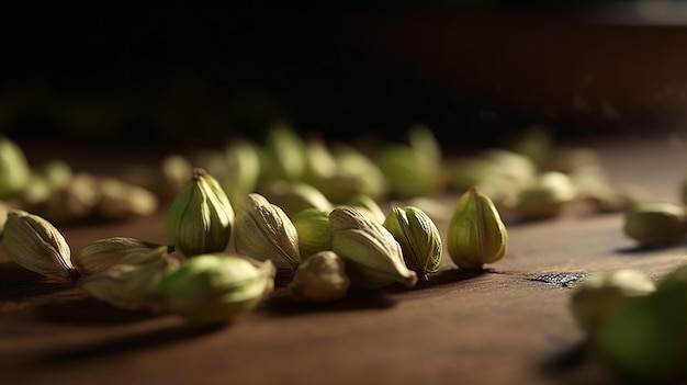 Baccelli di cardamomo tavola sparpagliata spezie baccelli intero elaichi immagine Ai generato art