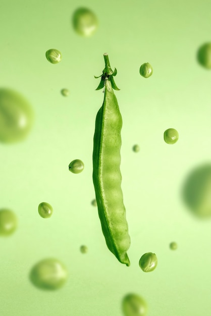 Baccello di piselli maturi su sfondo verde a gravità zero Monocromatico verde e antigravità Concetto di cibo vegano