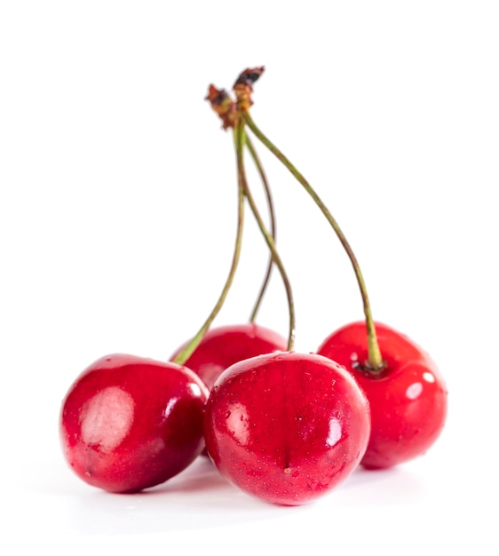 Bacche di ciliegia rossa dolce isolate su bianco, frutta