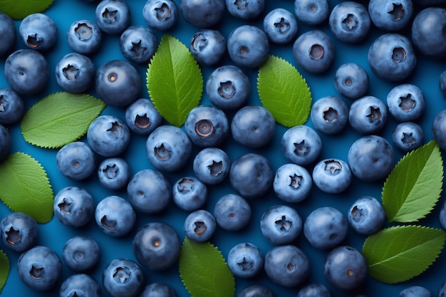 Bacche di mirtillo su sfondo blu Disegno di frutta colorata di mirtilli come sfondo Creativo