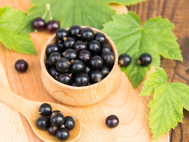 bacche di ribes nero in una ciotola su un tavolo di legno vicino a foglie verdi Succosa frutta di ribes naturale