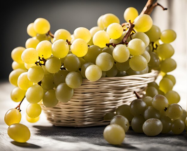 Bacche di uva bianca mature e appetitose in un cestino traboccante