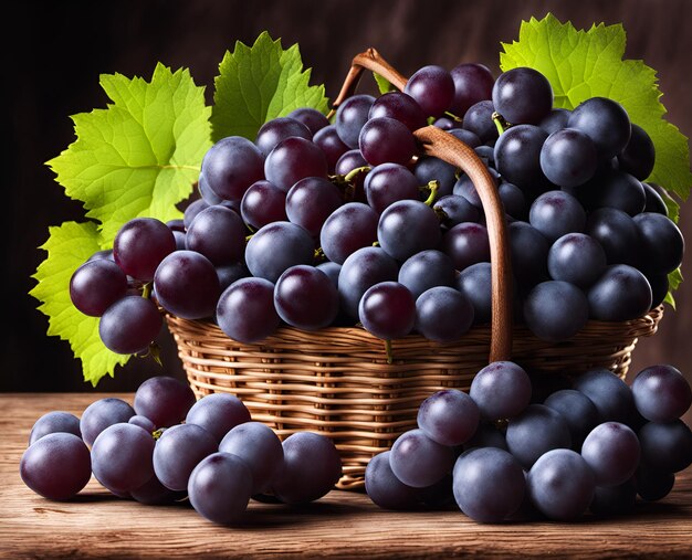 Bacche di uva nera mature e appetitose in un cestino traboccante