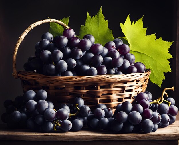 Bacche di uva nera mature e appetitose in un cestino traboccante