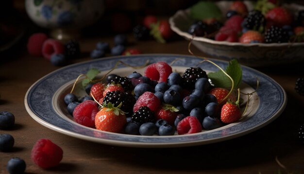 Bacche fresche ciotola mirtillo lampone fragola mora ribes generato da AI