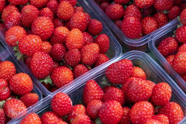 Bacche fresche del fondo della fragola in canestri al mercato