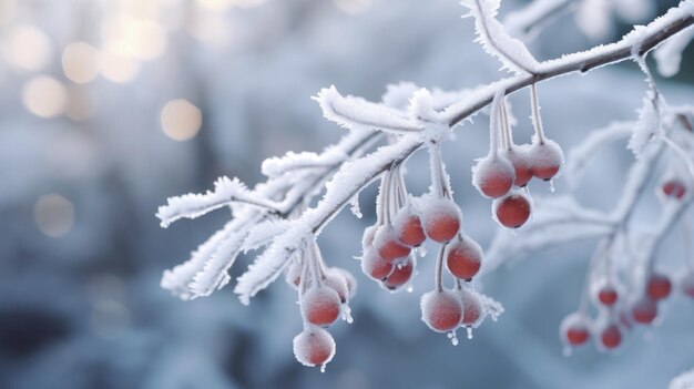 Bacche mature coperte di neve su un ramo invernale