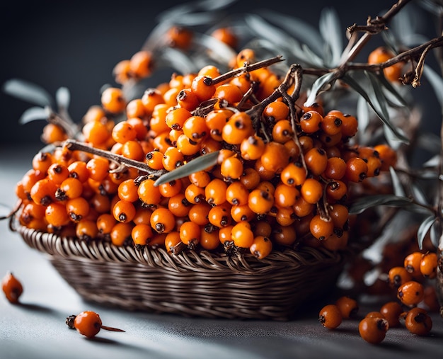 Bacche mature e appetitose dell'olivello spinoso in un cestino traboccante