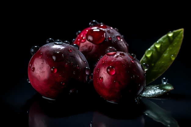 Bacche rosse con foglie verdi su sfondo nero