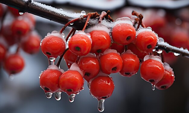 Bacche rosse congelate su un ramo su uno sfondo sfocato Foco morbido selettivo