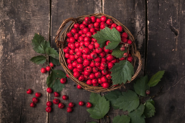 Bacche rosse di biancospino fresco nel cesto in piedi su un tavolo di legno