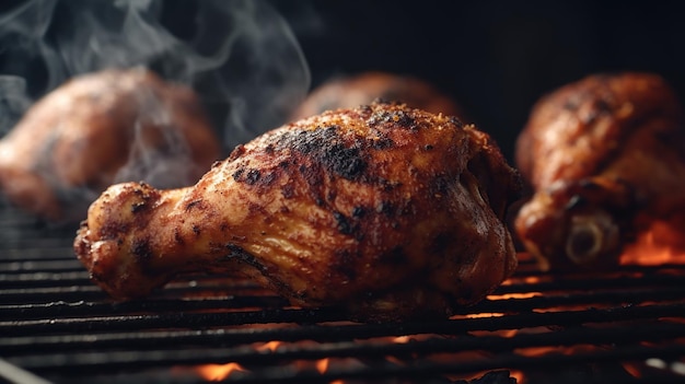 Bacchette di pollo condite succose su una griglia con immagine ai generata dal fumo