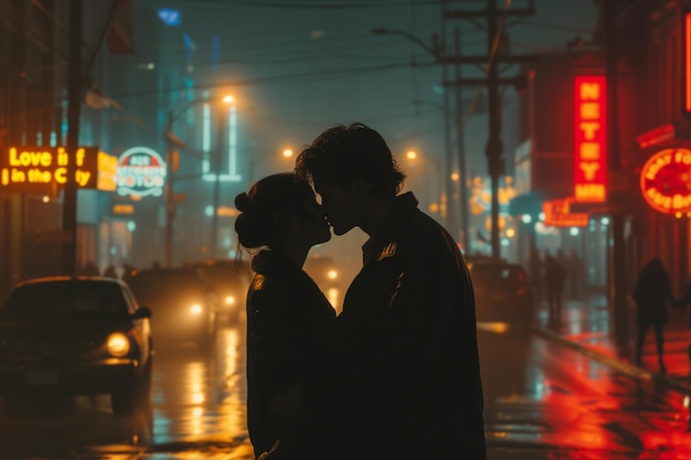 Bacio notturno nebbioso sulla strada della città illuminata al neon