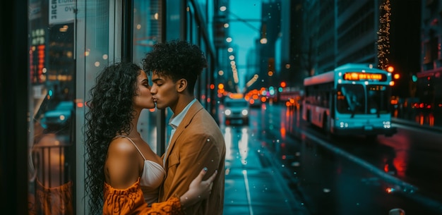 Bacio romantico sulla strada di Rainy City di notte